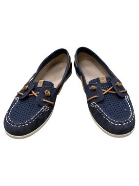 Sperry Navy Perforated Leather Boat Loafers with Tan Trim S8